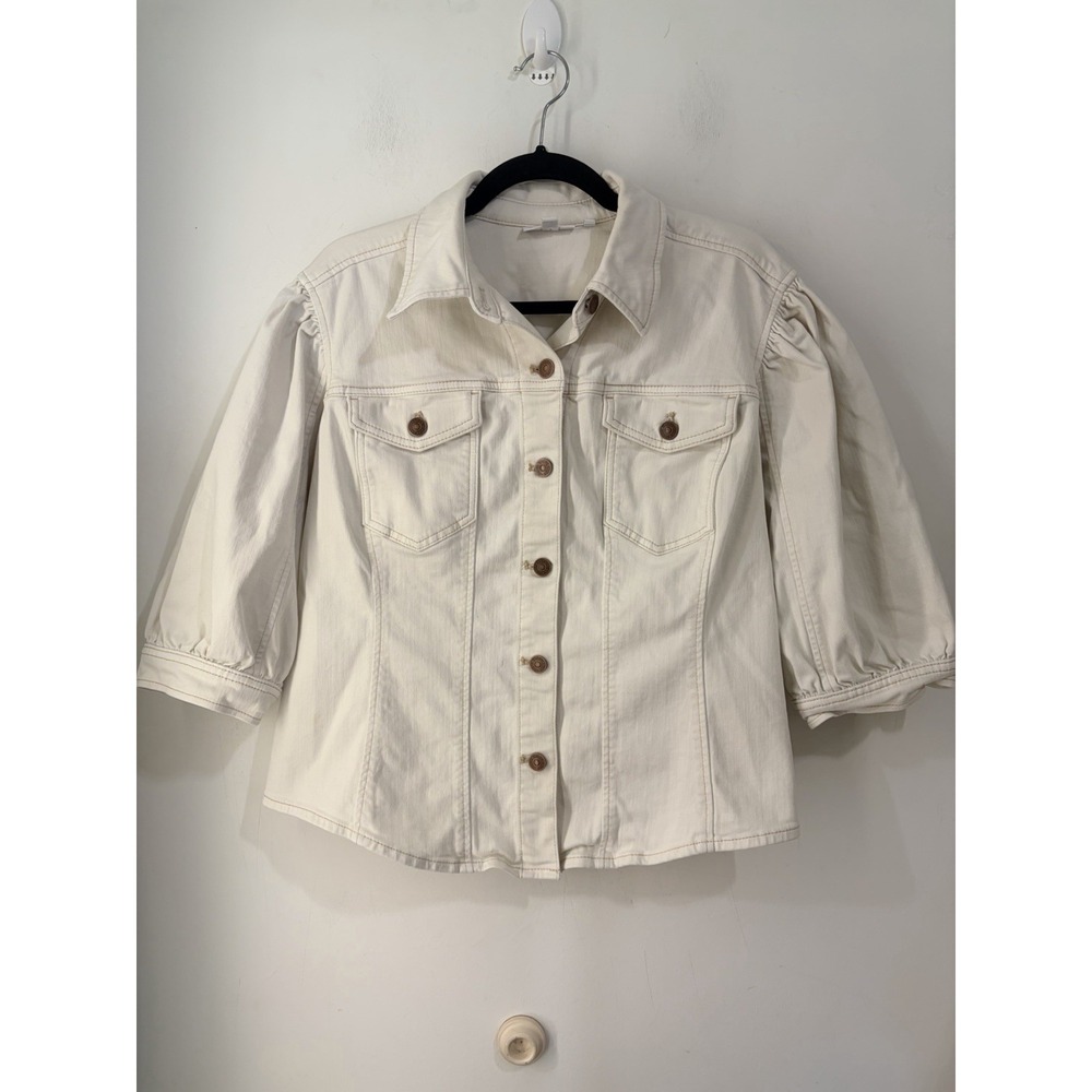 Chico's Ivory Puff Sleeve Denim Jacket Button Front Stretch Women's US L